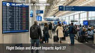 Travelers watch boards at O'Hare as April 27 flight delays and airport impacts build around Chicago storms.