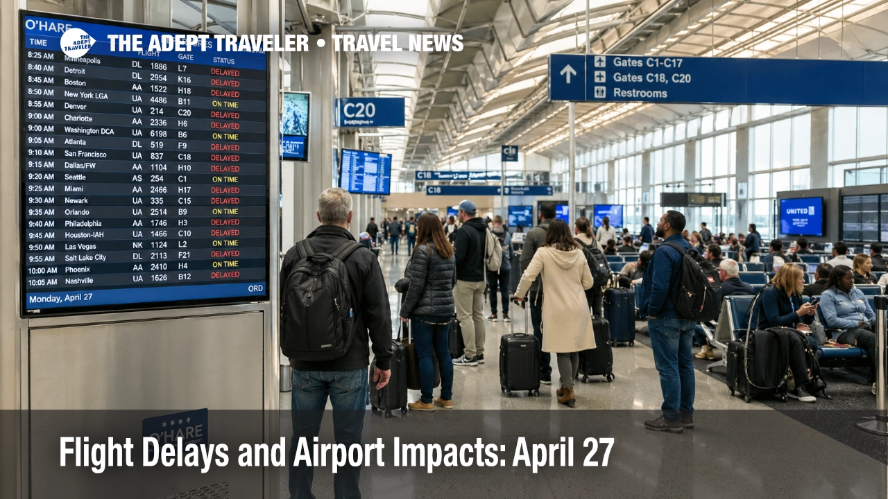 Travelers watch boards at O'Hare as April 27 flight delays and airport impacts build around Chicago storms.