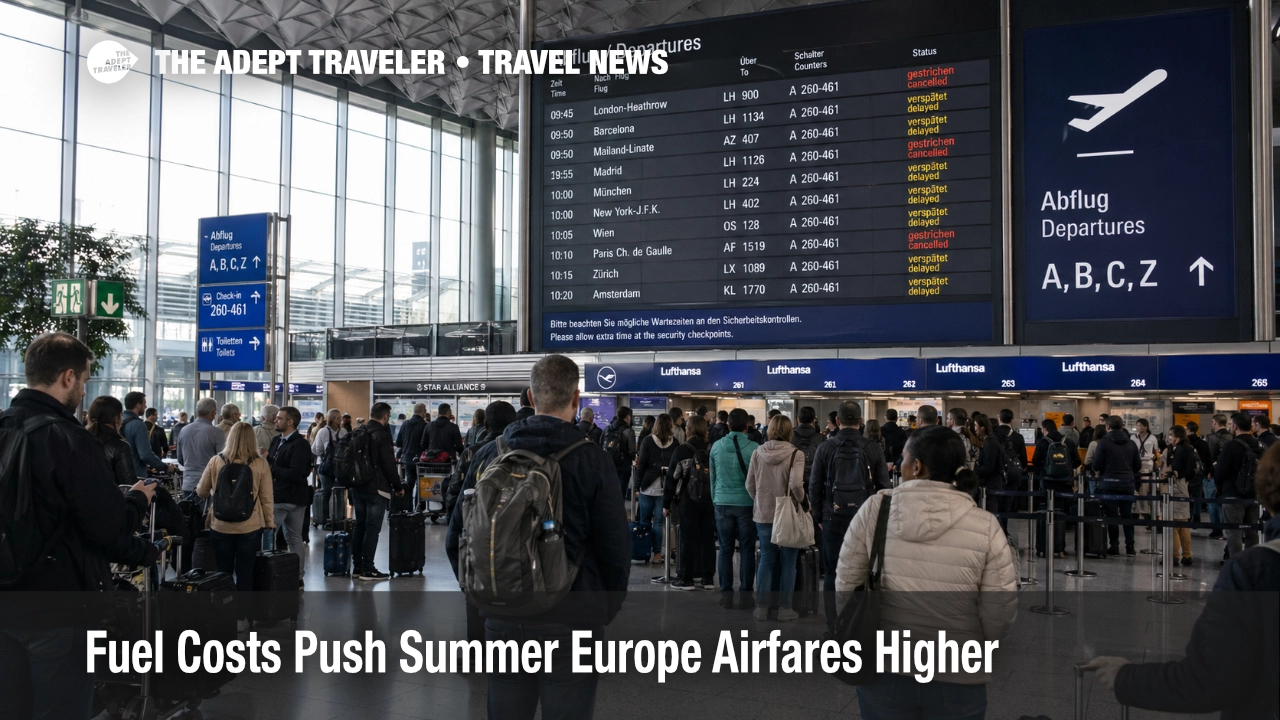 Travelers check boards at Frankfurt Airport as summer Europe airfares rise and airlines trim flights.