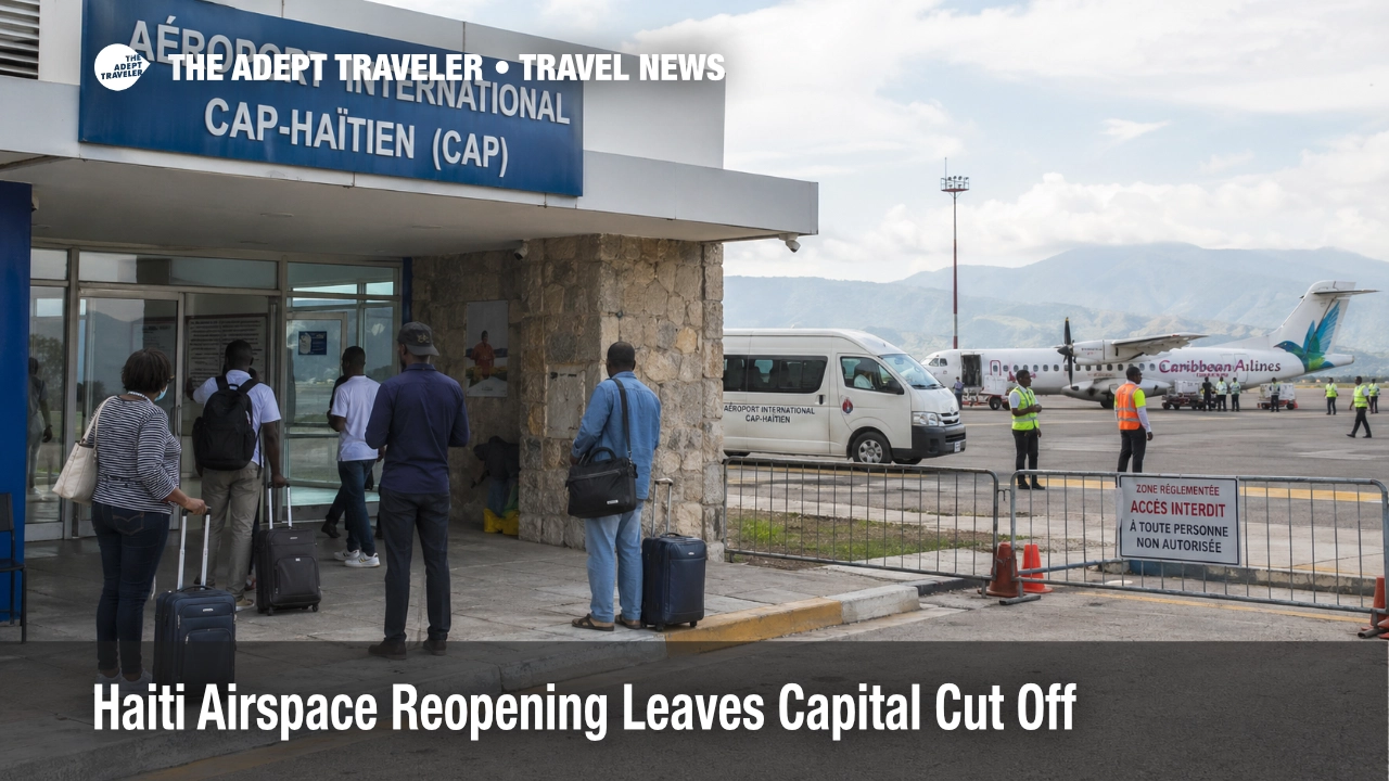 Haiti airspace reopening scene at Cap-Haïtien airport with travelers waiting under cautious regional access