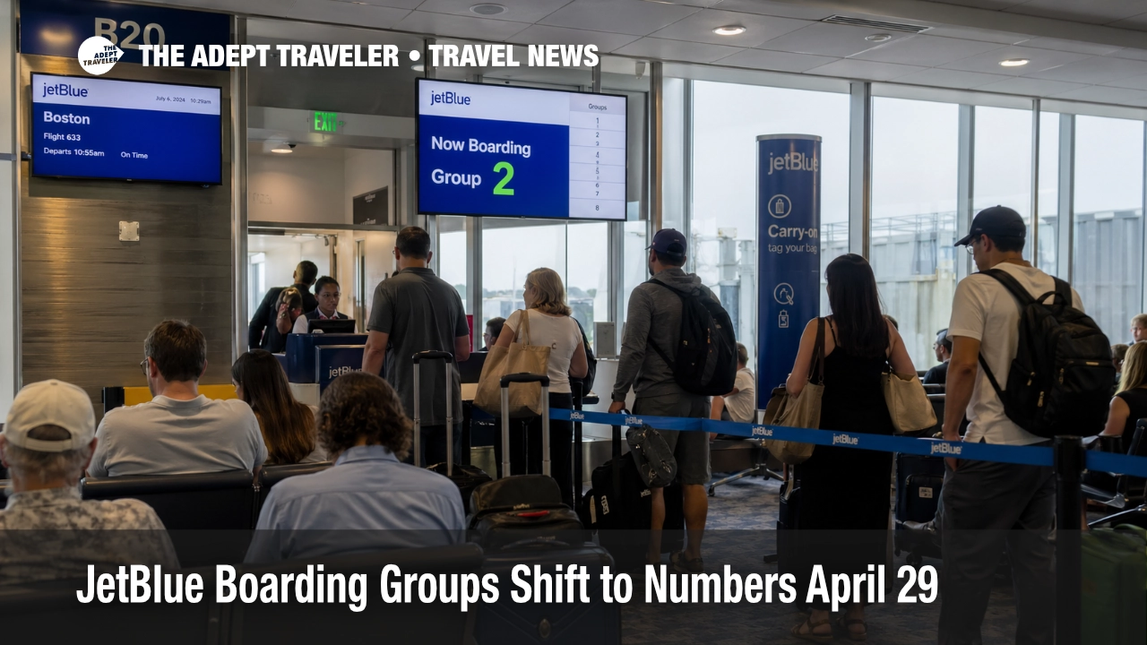 JetBlue boarding groups shown on a gate screen as travelers wait to board at JFK Terminal 5.