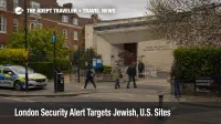 Travelers near a London synagogue entrance illustrate the London security alert and site caution guidance.