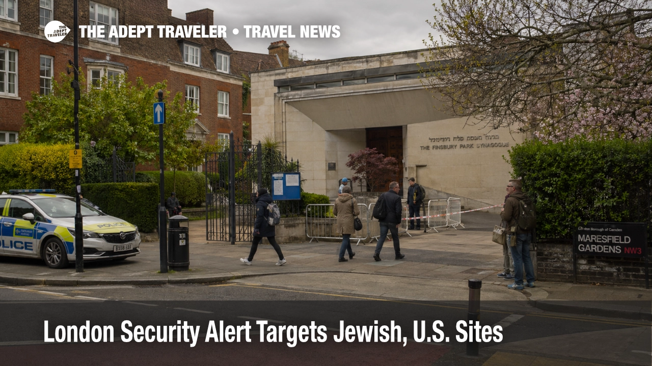Travelers near a London synagogue entrance illustrate the London security alert and site caution guidance.