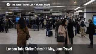 London Tube strike dates show travelers crowding a central Underground station with luggage during service disruption.