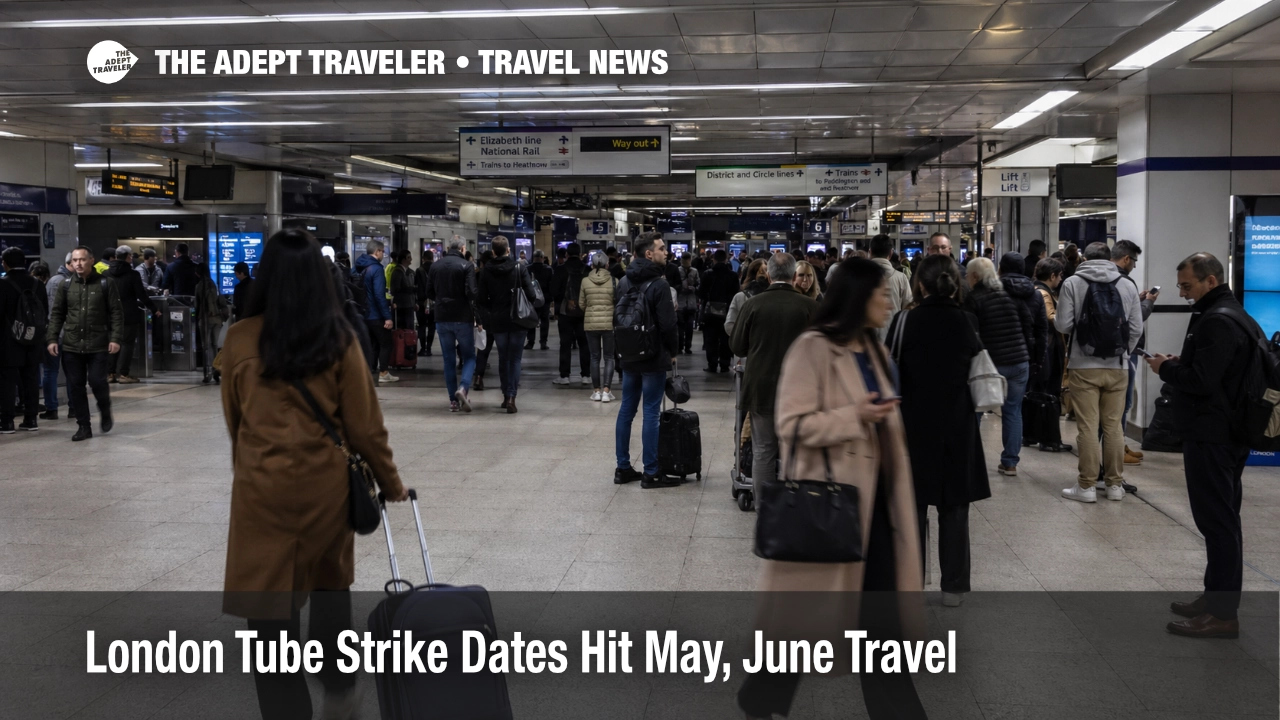 London Tube strike dates show travelers crowding a central Underground station with luggage during service disruption.