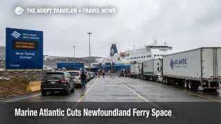 Marine Atlantic ferry space restrictions show vehicles waiting at North Sydney for Newfoundland crossings.