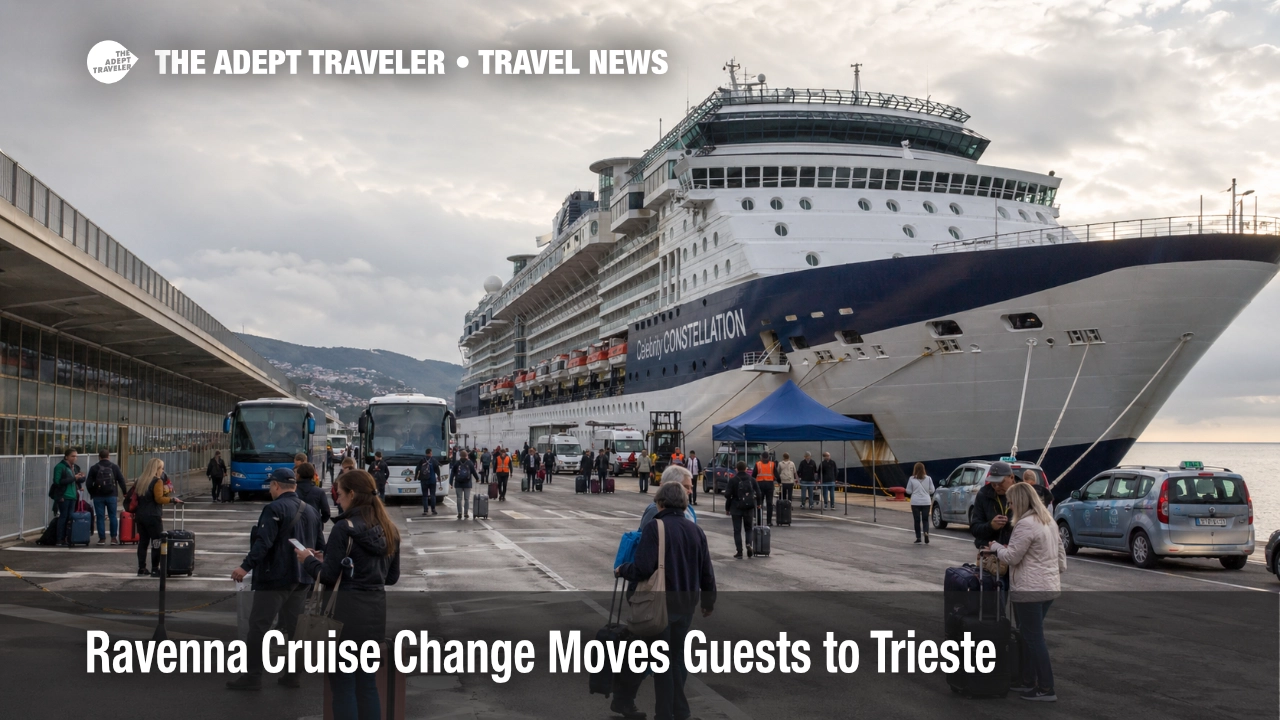 Trieste cruise port disembarkation scene showing the Ravenna cruise change affecting Celebrity guests.