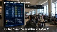 Travelers check delayed arrivals during a San Francisco Airport delay program at SFO.