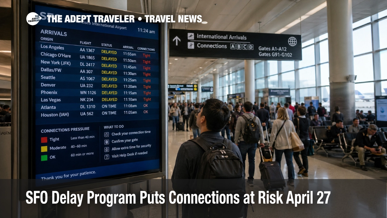Travelers check delayed arrivals during a San Francisco Airport delay program at SFO.