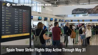 Spain tower strike flights show travelers waiting at Lanzarote Airport during Canary Islands delay risk.