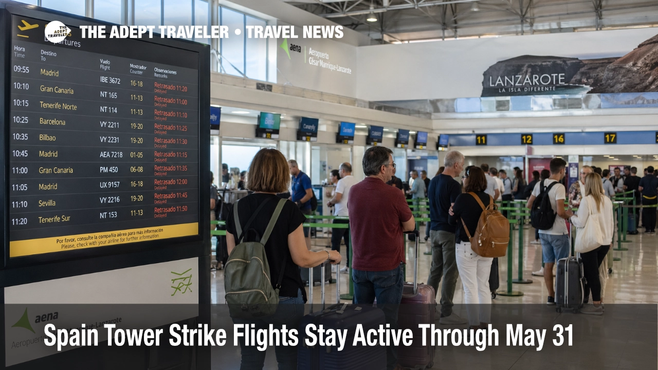 Spain tower strike flights show travelers waiting at Lanzarote Airport during Canary Islands delay risk.