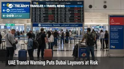 UAE transit warning scene at Dubai International Airport with travelers checking layover flight boards.