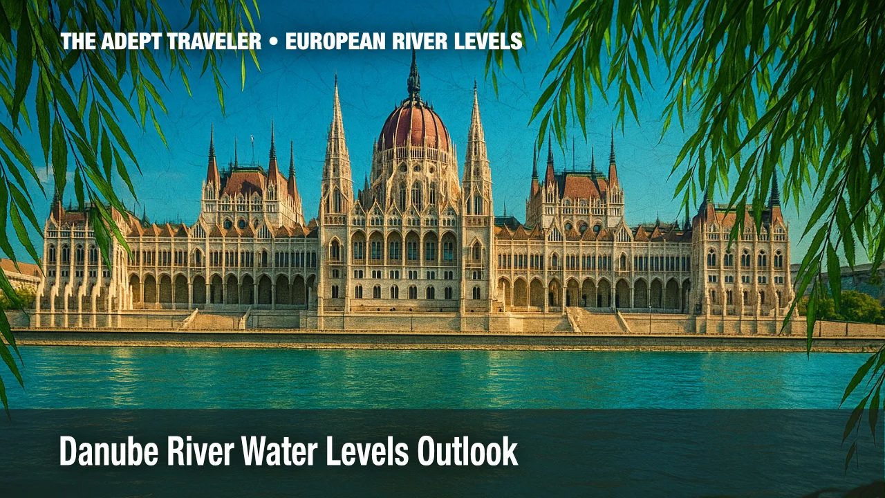 Hungarian Parliament Building seen across the deep aqua Danube River, framed by overhanging willow branches, vintage nautical chart texture subtly overlaid.