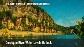 Cliffside village of La Roque Gageac with honey stone houses above the deep aqua Dordogne River, drifting yellow wildflowers in the foreground, sandstone grain texture overlay.