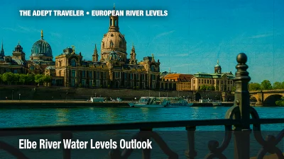 Dresden Frauenkirche and skyline viewed across the deep aqua Elbe River, framed by ornate wrought iron railing, subtle weathered sandstone texture overlay, bright midday sun and crisp shadows.