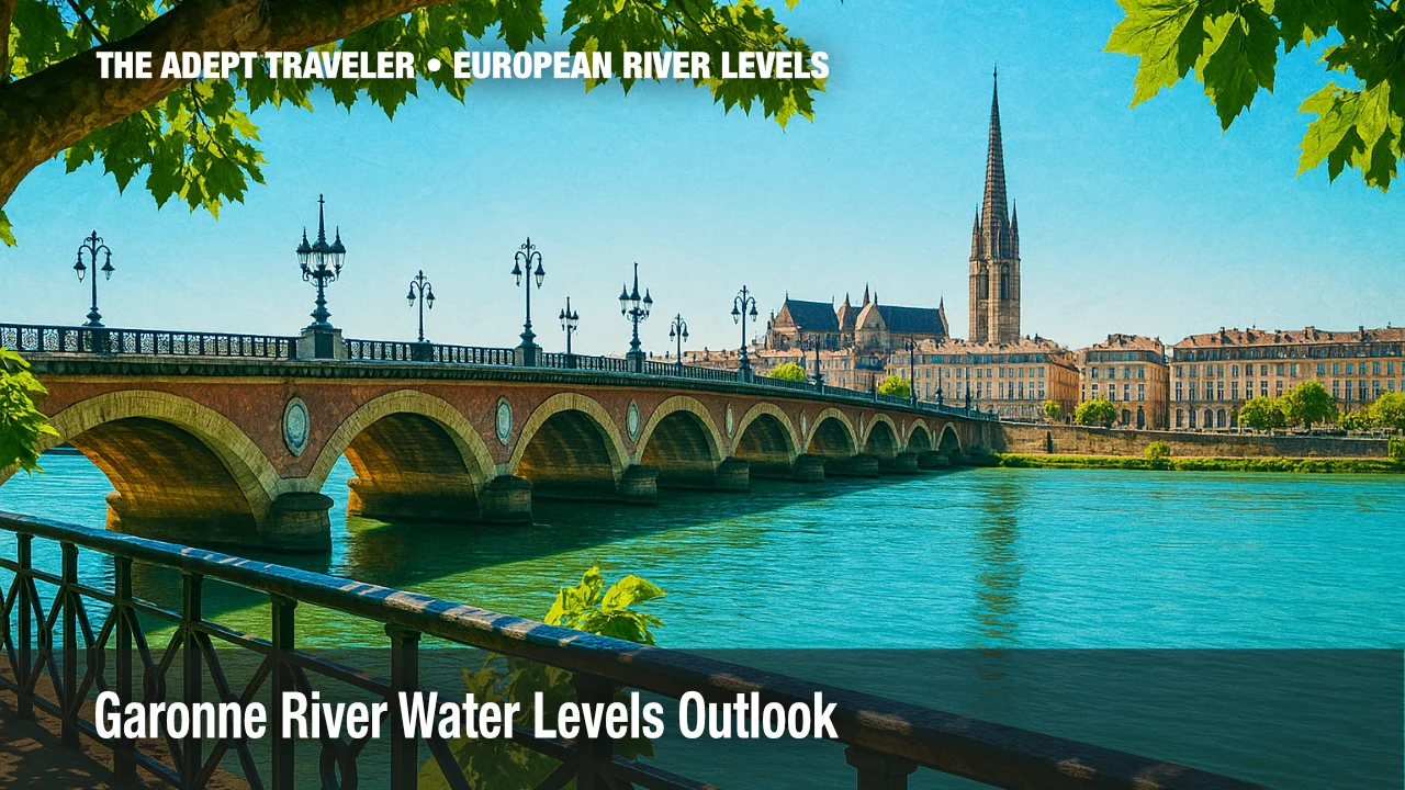 Pont de Pierre arching over the deep aqua Garonne River, Bordeaux skyline and cathedral spire beyond, framed by leafy plane tree branches, oak barrel grain texture overlay, midday light and crisp shadows.