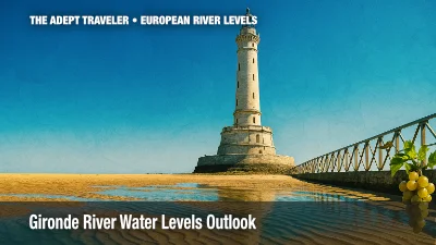 Cordouan Lighthouse rising above the deep aqua Gironde Estuary at low tide, rippled tidal pools in the foreground, subtle seashell texture overlay, bright midday sun and crisp shadows.