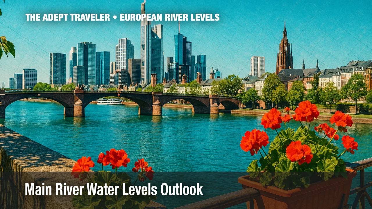 Alte Brücke spanning the deep aqua Main River, Frankfurt skyline beyond, blooming red geraniums in a riverside planter, modern glass fiber texture overlay, bright midday sun and crisp shadows.