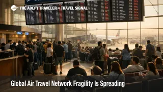 Travelers wait under departure boards at Dubai as global air travel fragility strains connections and recovery options
