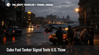 Cuba fuel tanker signal in Havana, where blackout conditions and curbside queues show mounting travel strain