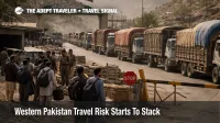 Western Pakistan travel risk at Torkham border crossing with halted trucks, checkpoint controls, and delayed overland movement