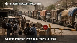 Western Pakistan travel risk at Torkham border crossing with halted trucks, checkpoint controls, and delayed overland movement