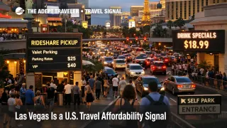 Las Vegas travel affordability pressure shown through Strip traffic, hotel crowds, and curbside pickup congestion at dusk