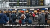 Travel bankruptcy risk at Chicago O'Hare as crowded check in lines and delay boards reflect fuel stressed summer flying