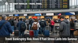 Travel bankruptcy risk at Chicago O'Hare as crowded check in lines and delay boards reflect fuel stressed summer flying