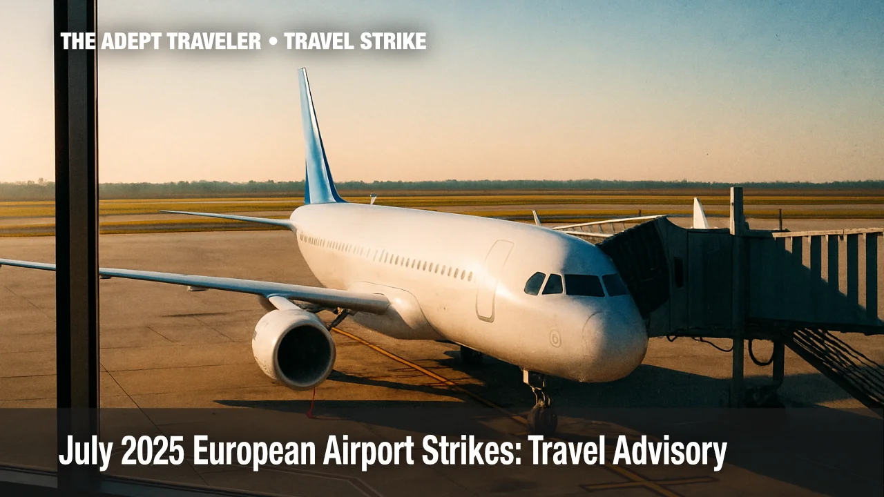 Airplane silhouette on runway illustrating July 2025 European airport strikes.
