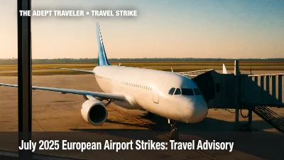 Airplane silhouette on runway illustrating July 2025 European airport strikes.